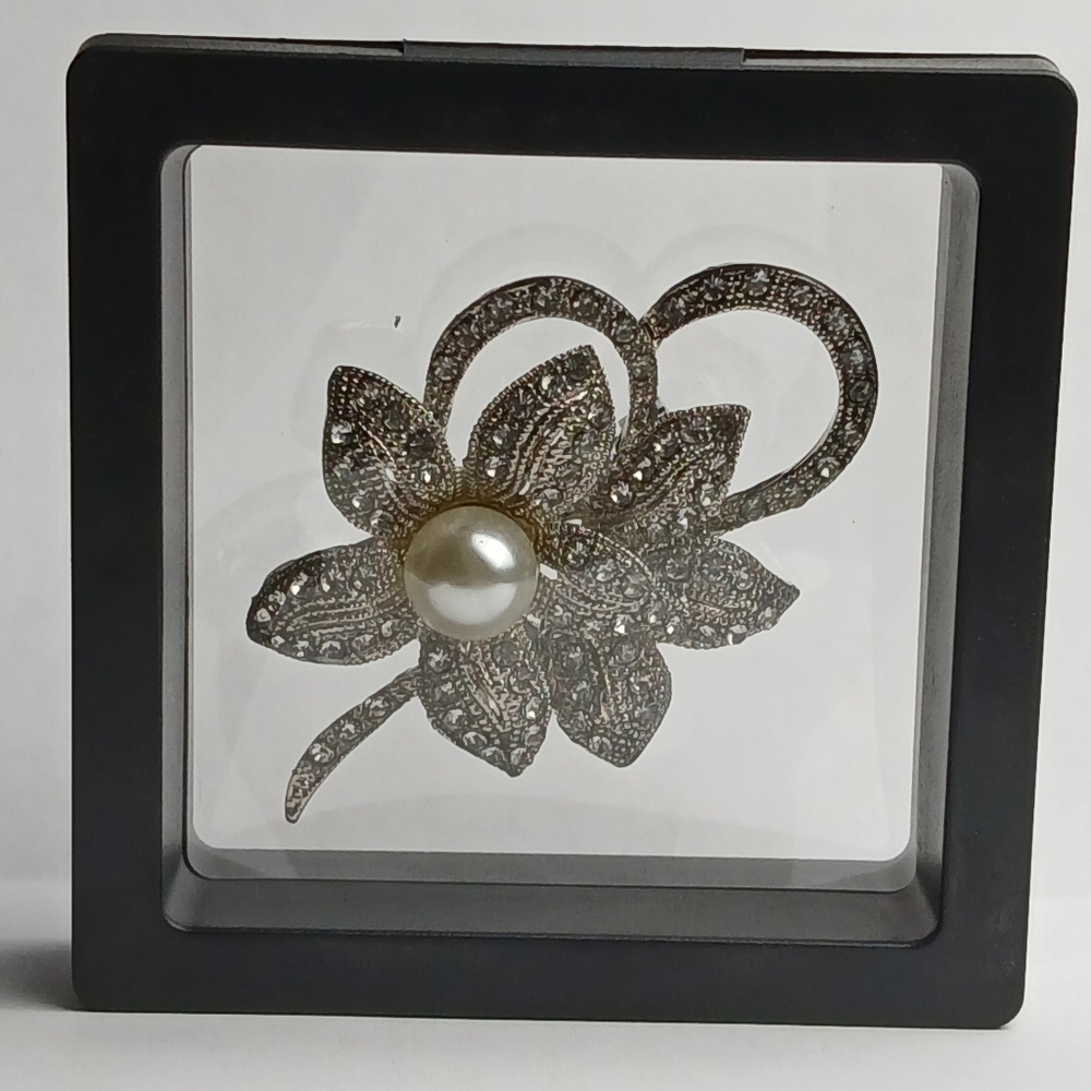 Pearl-Center Crystal Flower Brooch - Silver Tone
